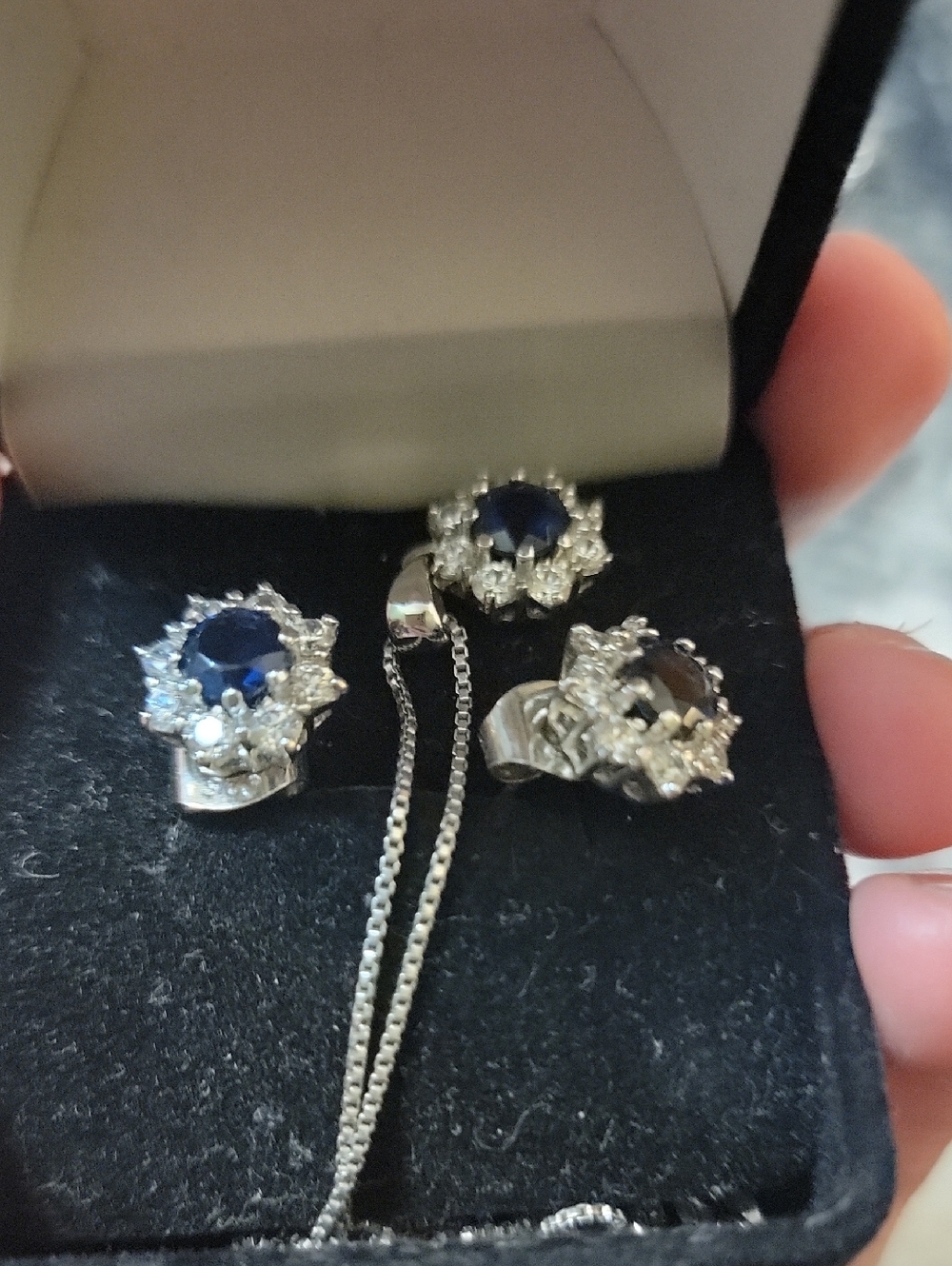 Silver Necklace and Earrings Set with Blue Crystal Accents